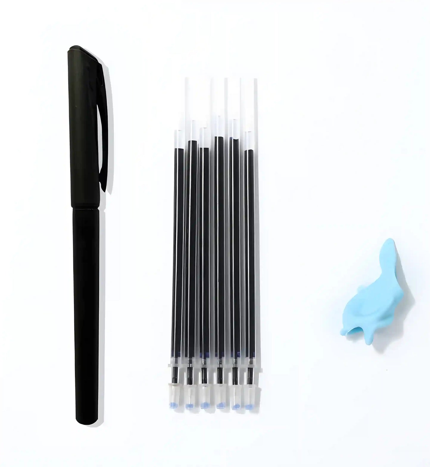 Set of black pens with a pen cleaner on a white background