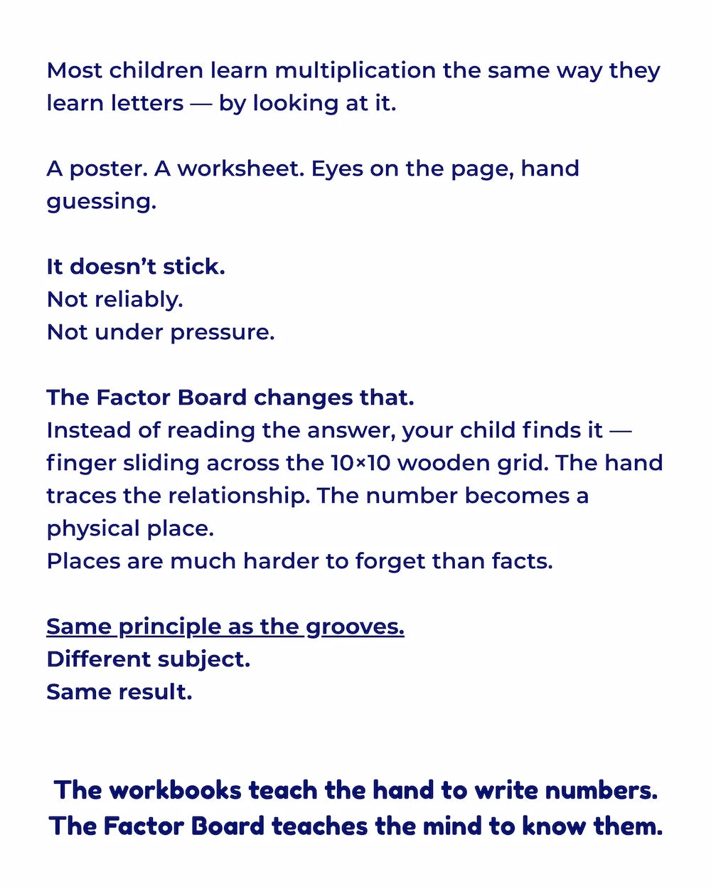 Text on a white background discussing educational methods for learning multiplication and numbers.