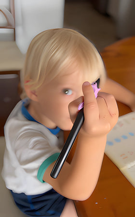 Review / Child holding a pen with grip with a hand covering the screen, sitting at a table.