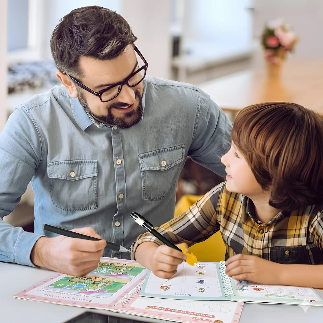Father helping daughter practice handwriting with TinkerMindz reusable workbook showing cost savings compared to traditional workbooks