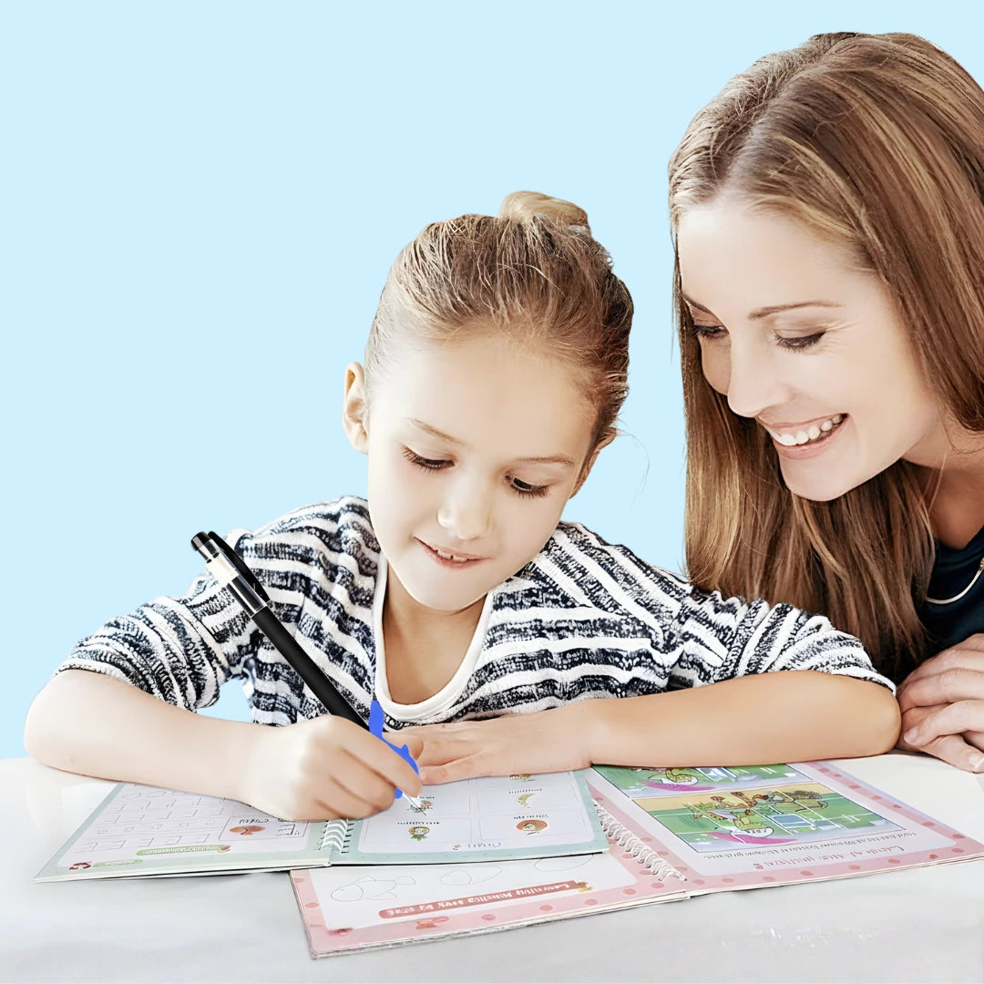 Happy mother watching young daughter practice handwriting using TinkerMindz 3D groove technology workbook with ergonomic pen grip for proper letter formation