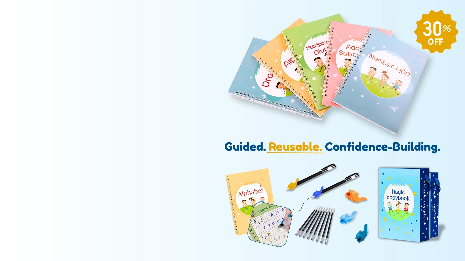 Magic Practice Copybook Set for Kids Ages 3-8 - Reusable Handwriting Workbooks with Grooves, Disappearing Ink Pens, and Pen Grips - 30% Off