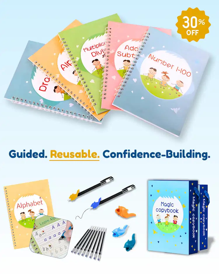 Magic Practice Copybook Set for Kids Ages 3-8 - Reusable Handwriting Workbooks with Grooves, Disappearing Ink Pens, and Pen Grips - 30% Off