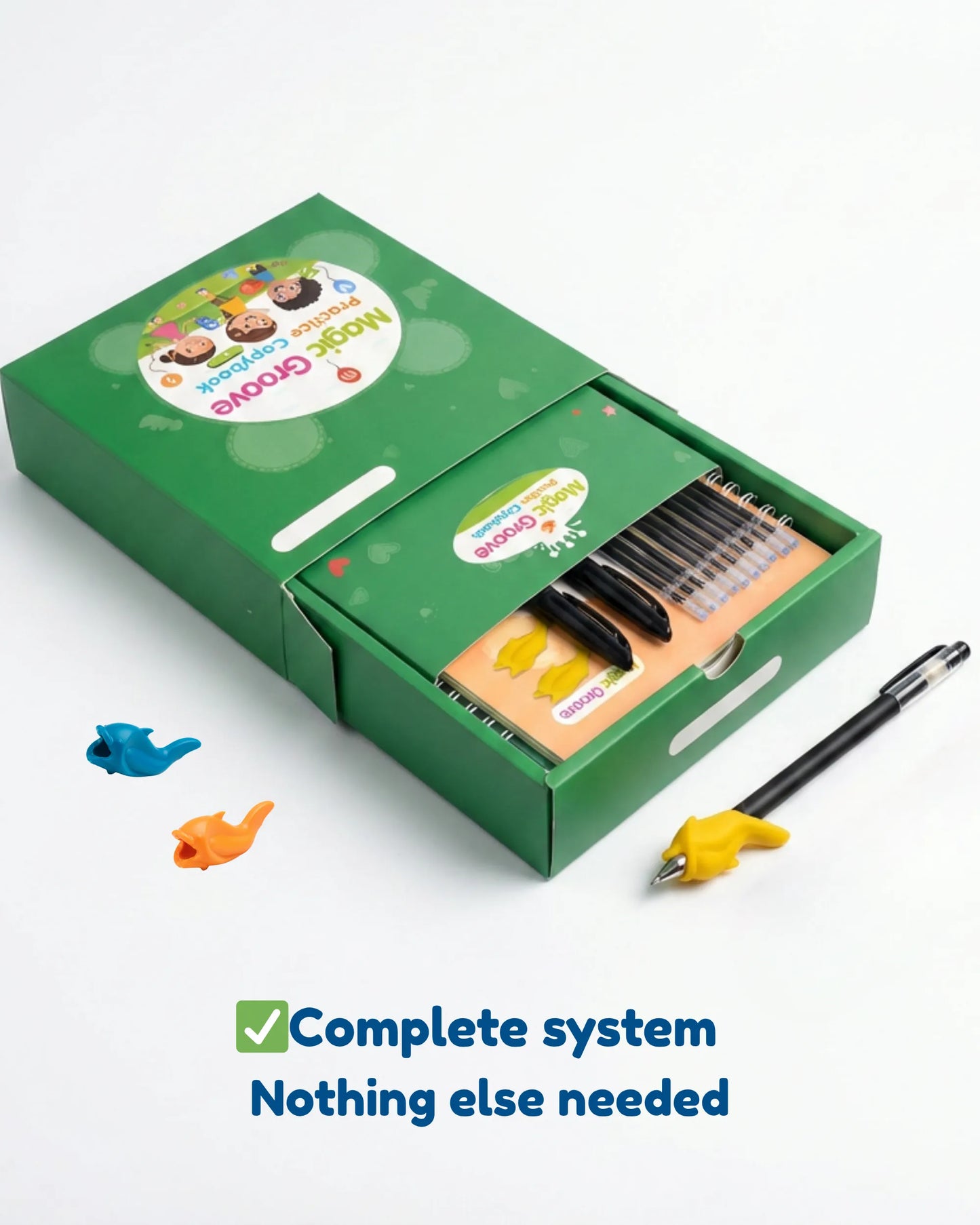 Green box with handwriting  educational workbooks and tools on a white background 
