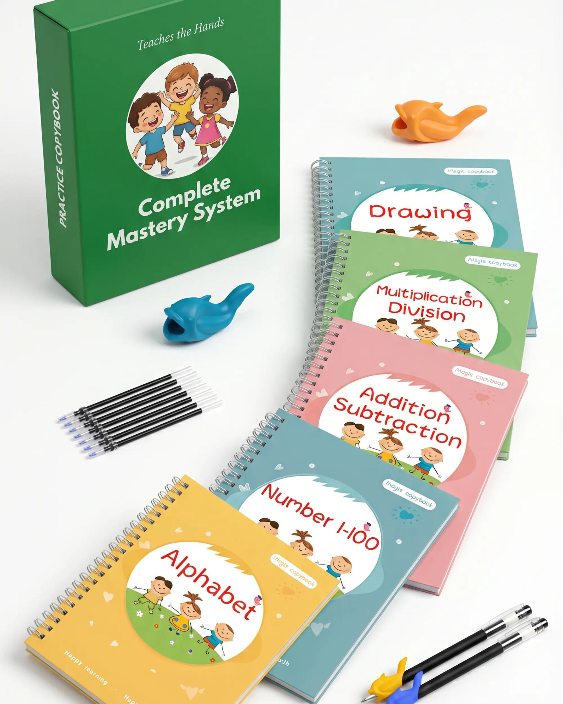 Educational handwriting copybooks and materials for children on a white background