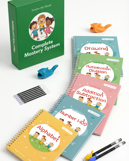 Educational handwriting copybooks and materials for children on a white background
