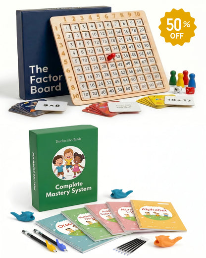 Educational game set with 'The Factor Board' and other components on a white background.