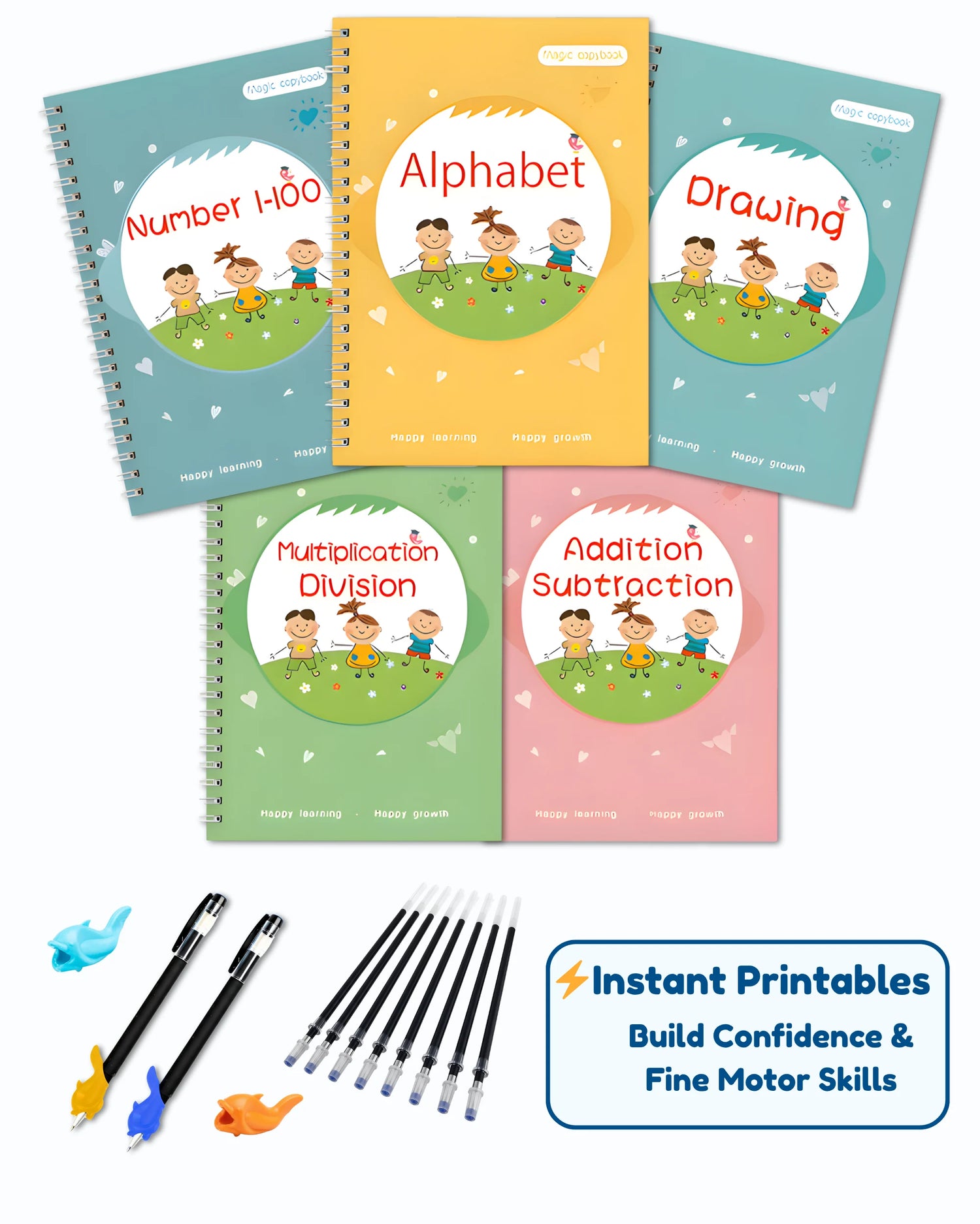 TinkerMindz Complete Mastery System - 5 premium copybooks with 3D grooves, magic pen, and 10 ink refills for handwriting practice