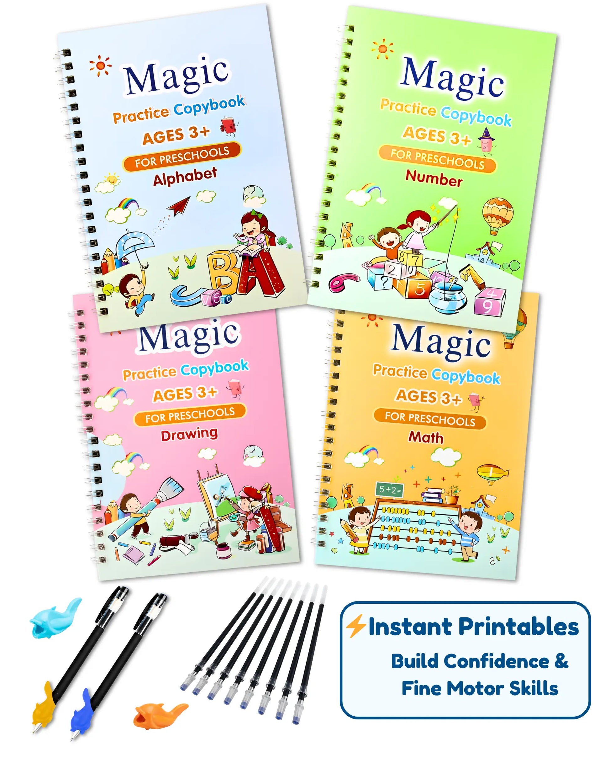 TinkerMindz Essential Handwriting Kit - 4 colorful reusable magic copybooks with disappearing ink pen and ergonomic grip for ages 3-8