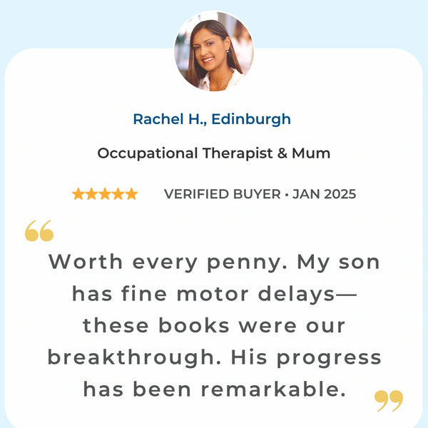 5-star verified review from Edinburgh occupational therapist - TinkerMindz workbooks helped child with fine motor delays achieve remarkable handwriting progress