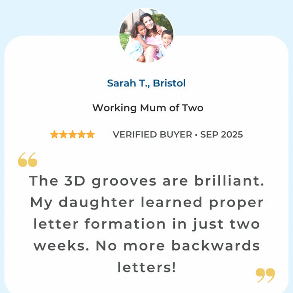 5-star verified review from Bristol working mother - daughter learned proper letter formation in 2 weeks and stopped reversing letters using TinkerMindz 3D grooves