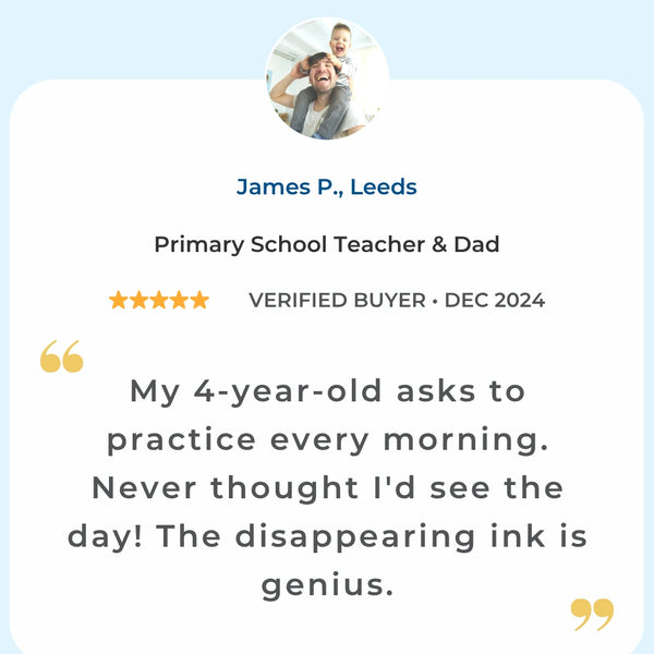 5-star verified review from Leeds primary school teacher - 4-year-old asks to practice handwriting every morning using TinkerMindz disappearing ink system
