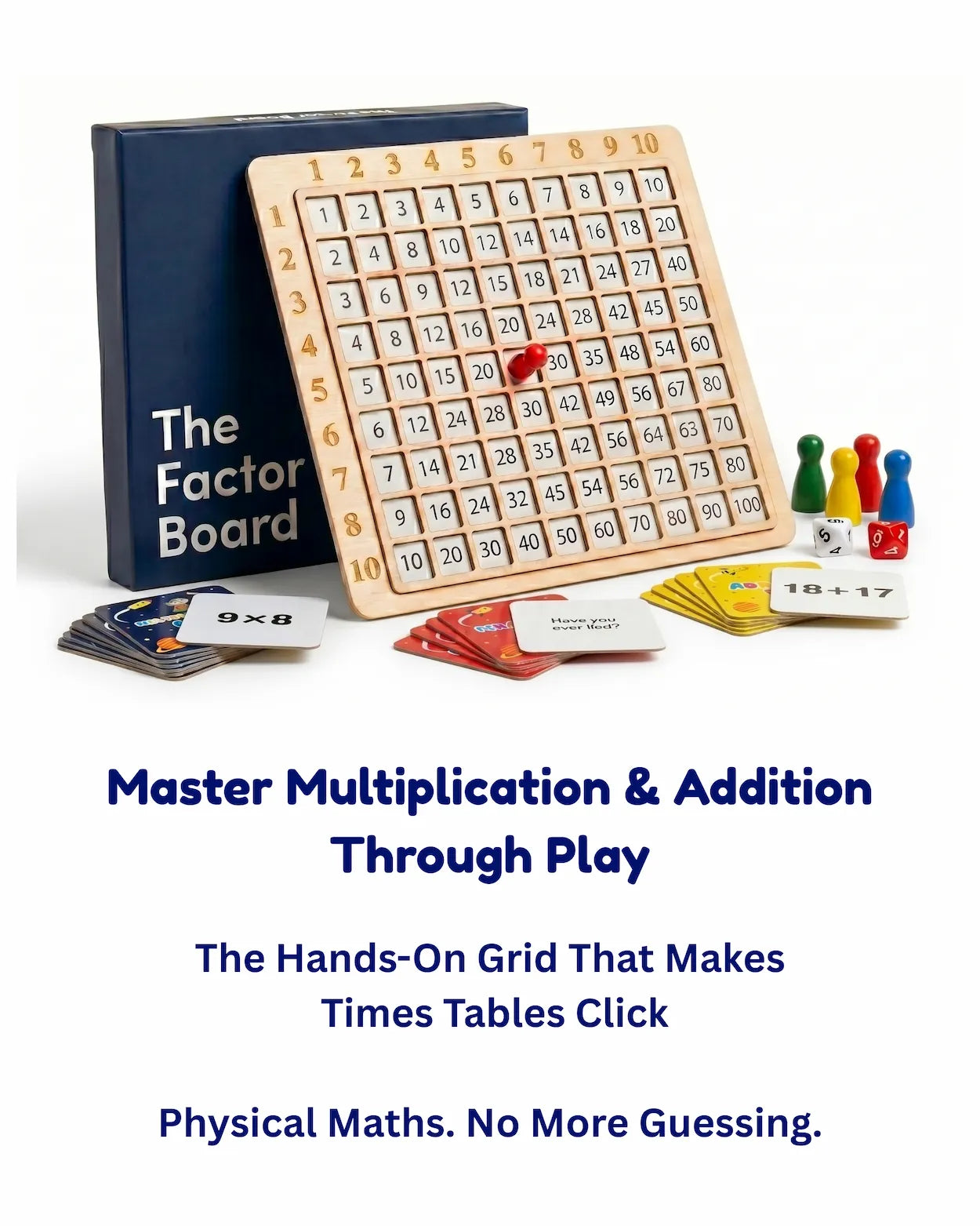 Mathematical learning tool with grid, cards, and markers on a white background