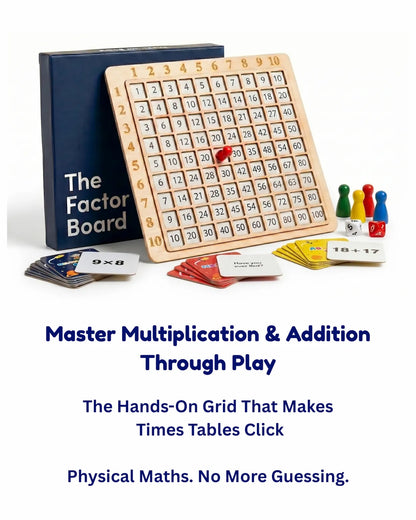 Mathematical learning tool with grid, cards, and markers on a white background