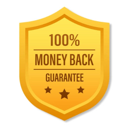 Yellow shield with '100% Money Back Guarantee' text on a white background