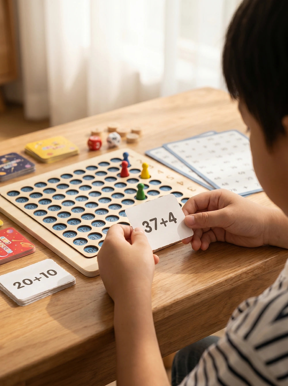 Child playing with a board game and cards on a wooden table